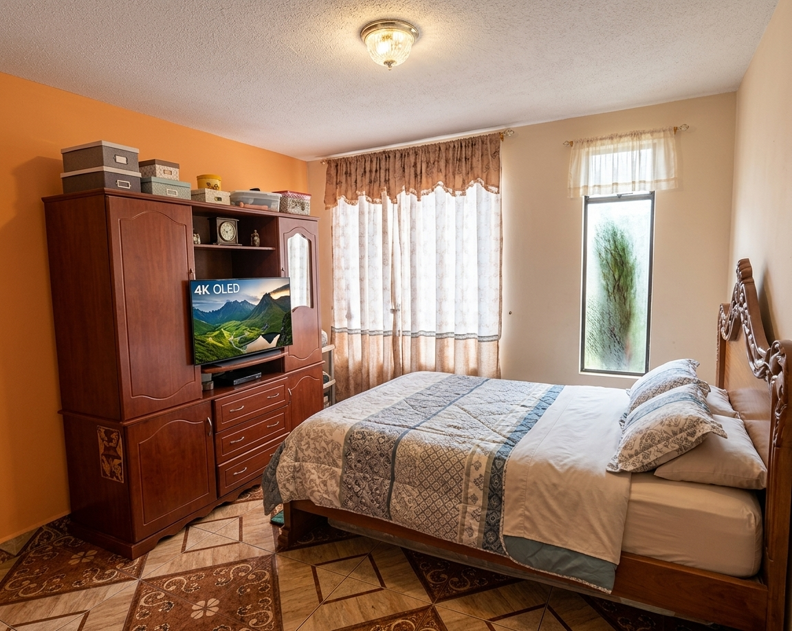 EC-RJ-158030 — Dormitorio principal Dormitorio con cama, mueble y ventanas de la vivienda