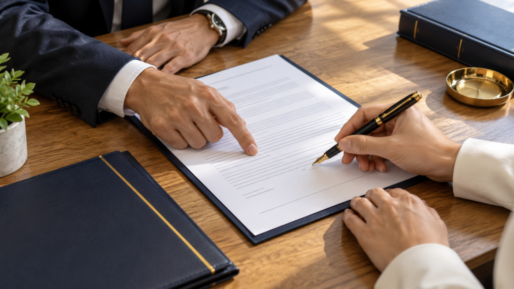 Abogado en Derecho Notarial revisando un documento antes de su firma